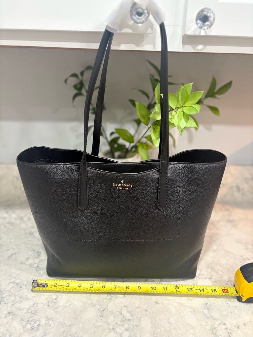kate spade Black Pebbled Leather Tote with Gold Logo